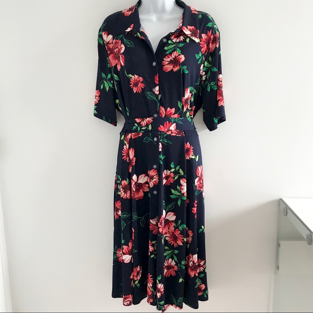 COPY - Nina Leonard Navy Blue Floral Collar Belted A Line Summer Dress Plus Size